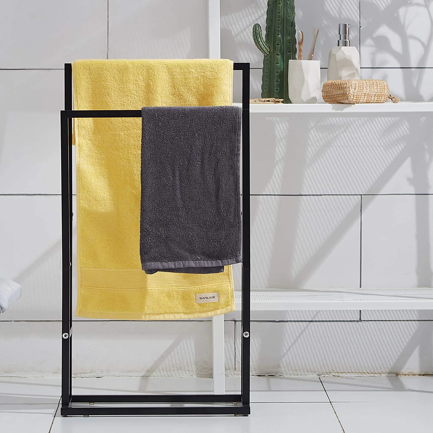 Bathroom Accessories Modern Free Standing 2 Tier Metal Black Towel Holder Rack