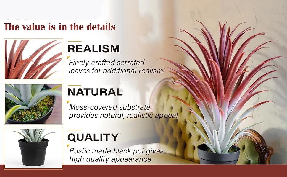 Factory Cheap Price 66CM 26 Inches Tall 61 Leaves Realistic Big Red Artificial Aloe Vera Plant Faux Agave With Matte Black Pot