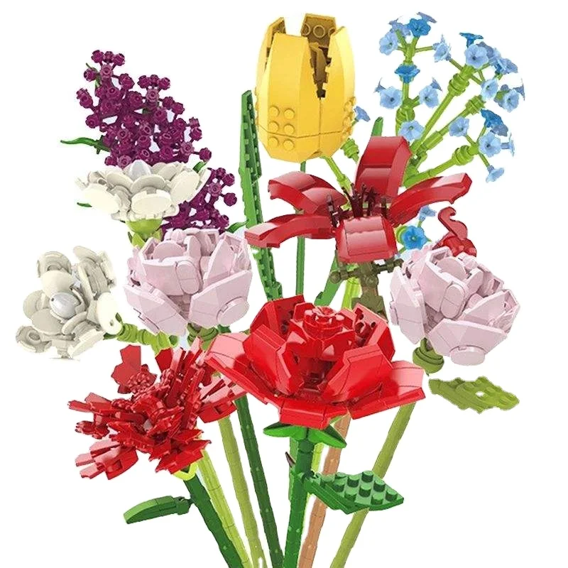 New 2024 Flowers Bouquet Moc Bricks Crystal Rose Sunflower Lily DIY Decoration Model Flower Vase Building Blocks Sets