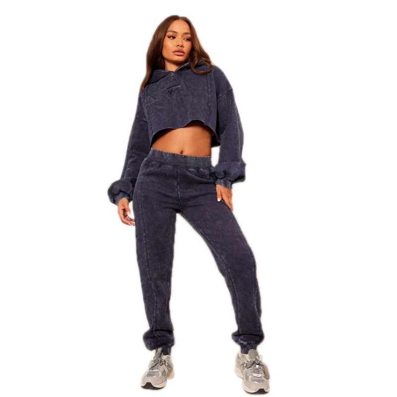 KY Crop Top Sweat Suit French Terry Sweat Suit Acid Wash 100% Cotton Sweat Suits