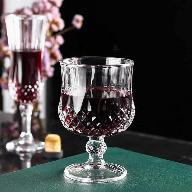 Customizable european style embossed transparent drinking water glass crystal vintage goblet wine glasses cup