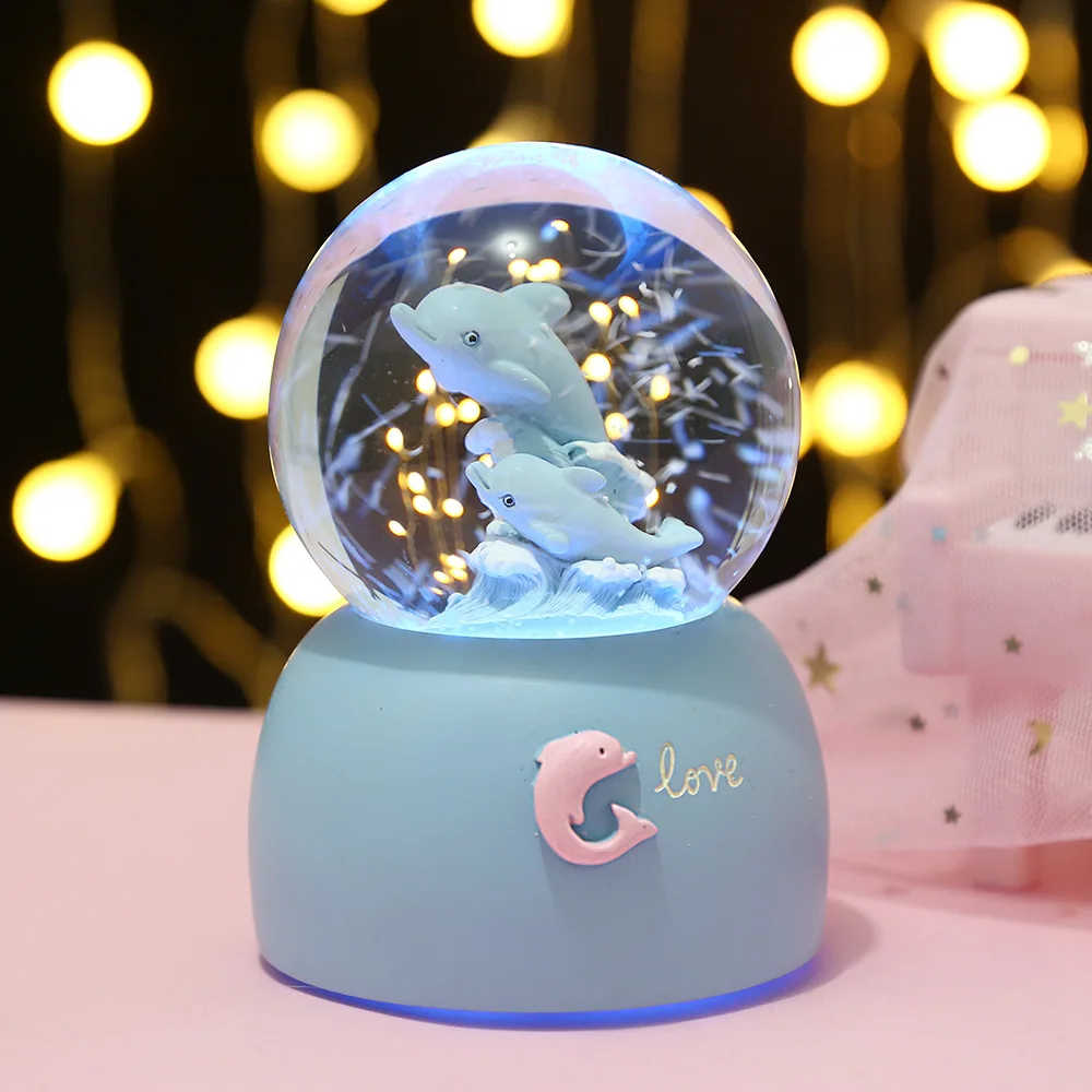 Cute Cartoon Unicorn Crystal Ball with Light Music Box Glass Sphere Resin Crafts Desktop Decoration Ornament Wholesale Gift