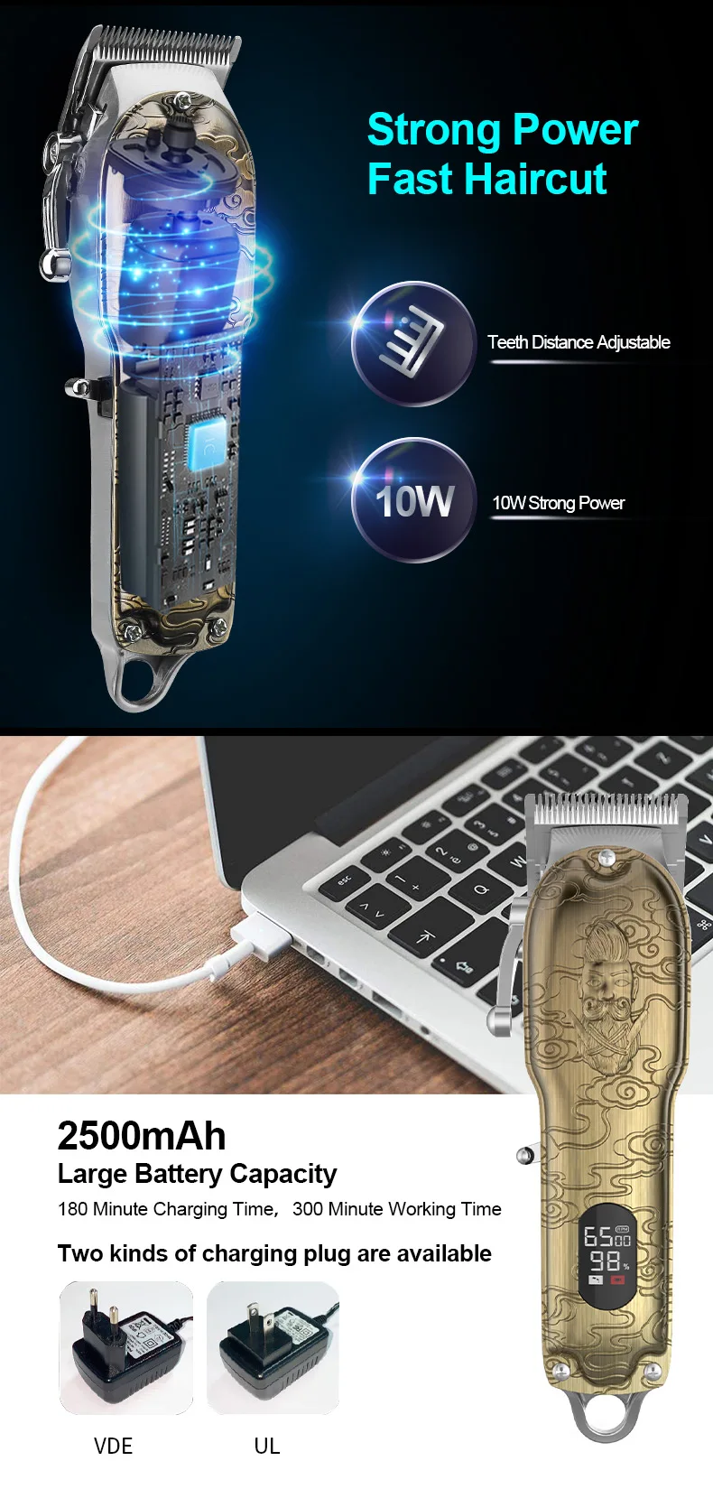 PSB rechargeable professional men electric cordless hair clipper trimmer with led display