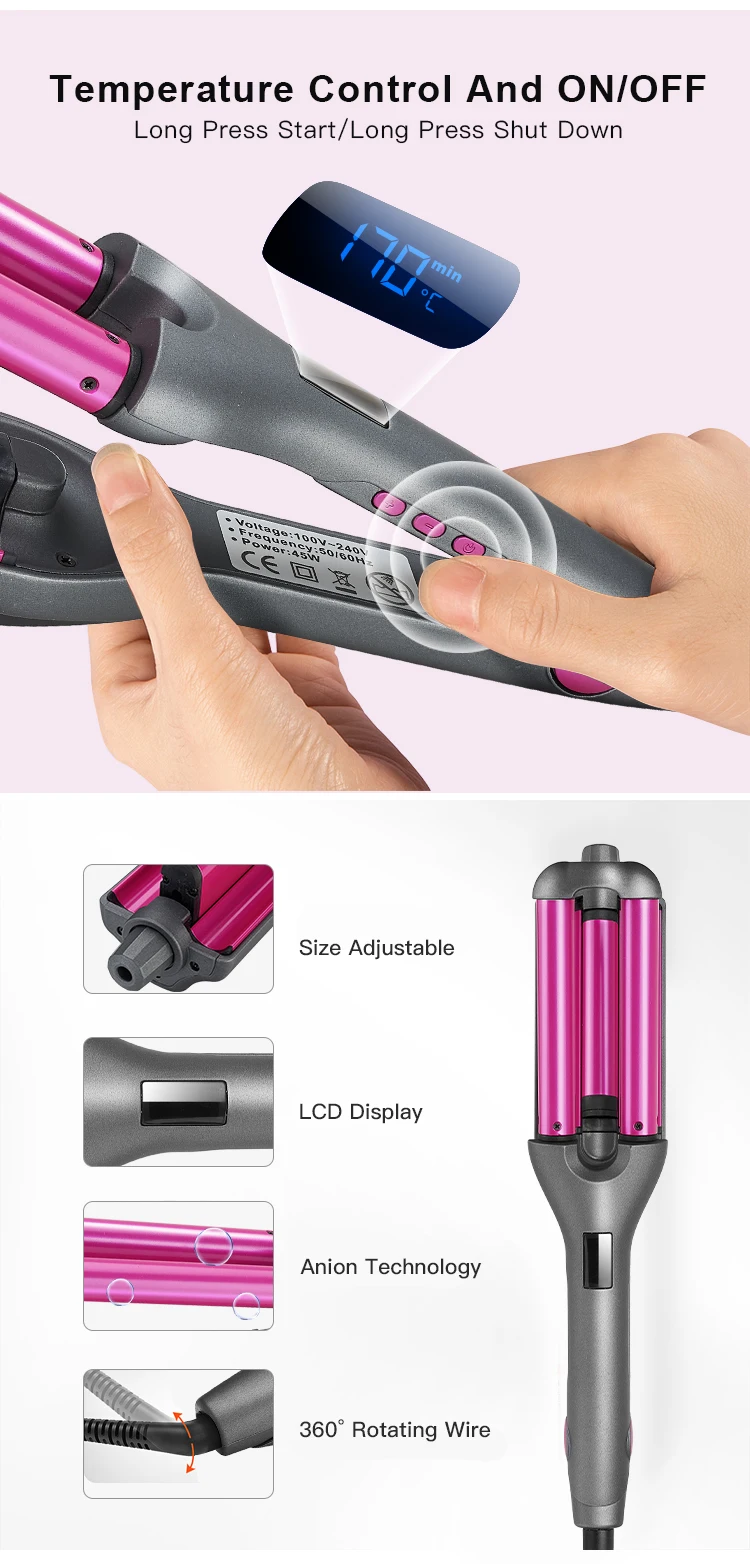 Three barrel Hair Curler Professional 3 barrel waver Curling Iron wand with LED Temperature Display wave hair curling iron