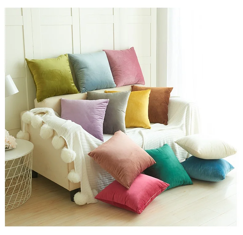 Оптовая продажа недорогой диван-кровать 45*45 см квадратный многоцветный однотонный простой Бархатный Чехол для подушки