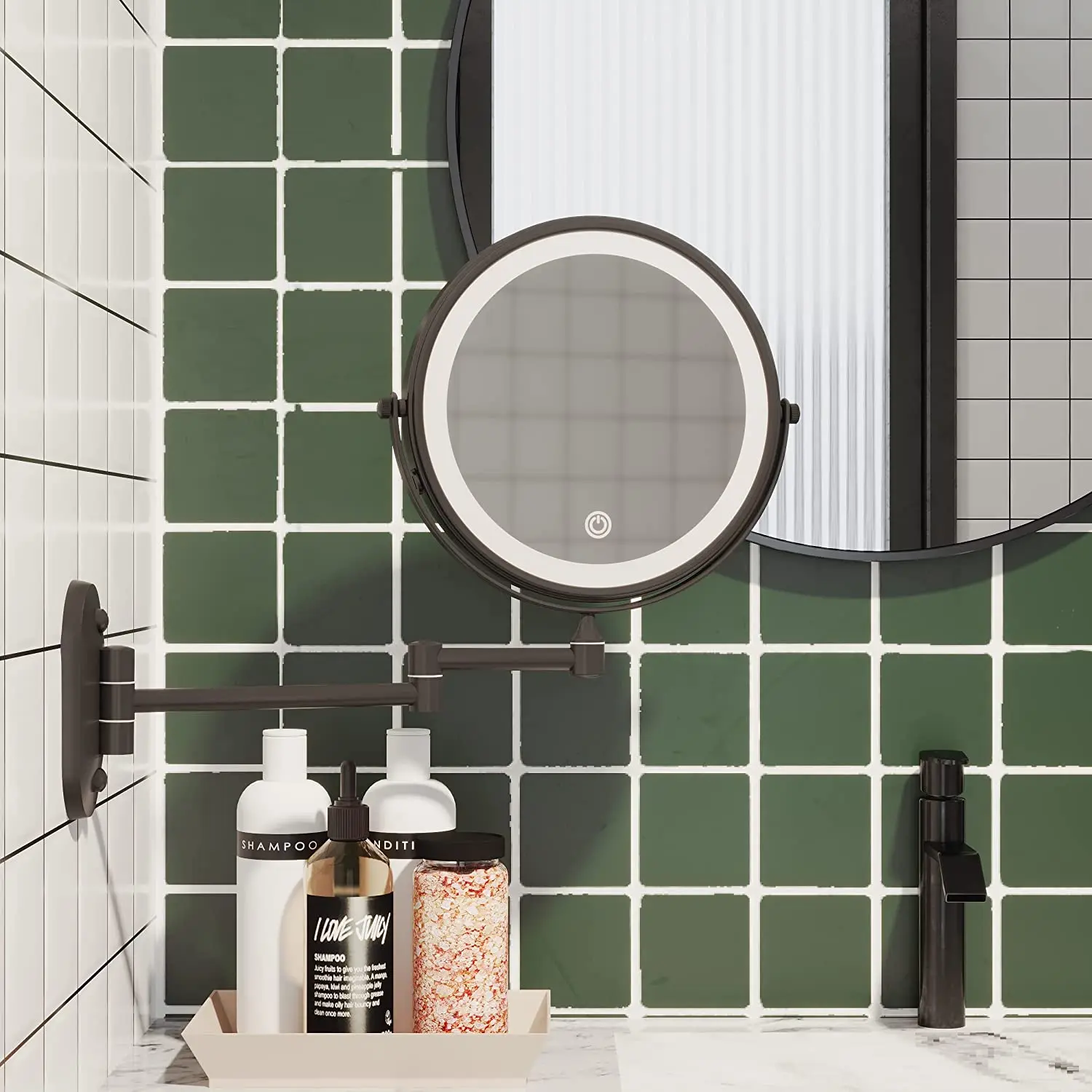 8 Inch Black Color Round Shape Wall Mounted Two Way Extendable LED USB Wall Mount Make Up X10 Magnifying Mirror