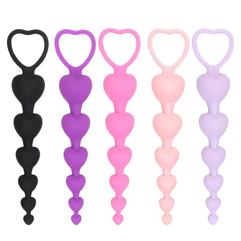 Silicone Heart-Shape Anal Plug with Metal Bead SM Toy for Anal Expansion & Masturbation Adult Sex Product
