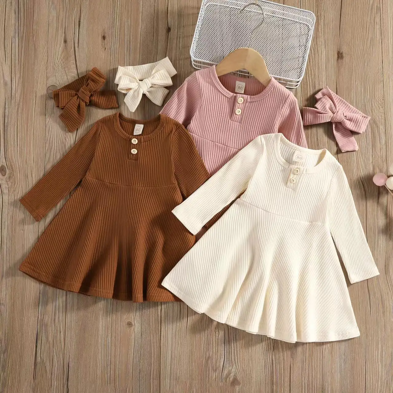 Hot Sale Infant Toddler Kids Baby Girls Dress Soft Knitted Long Sleeve Button Dresses For Girls Autumn Spring Clothing