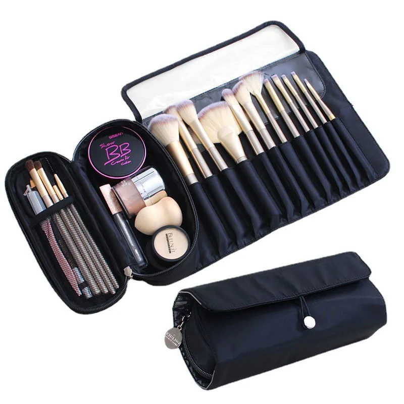 Custom Women Waterpoof Makeup Brush Holder Pouch Travel Toiletry Bag Black Polyester Nylon Cosmetic Brushes Bag