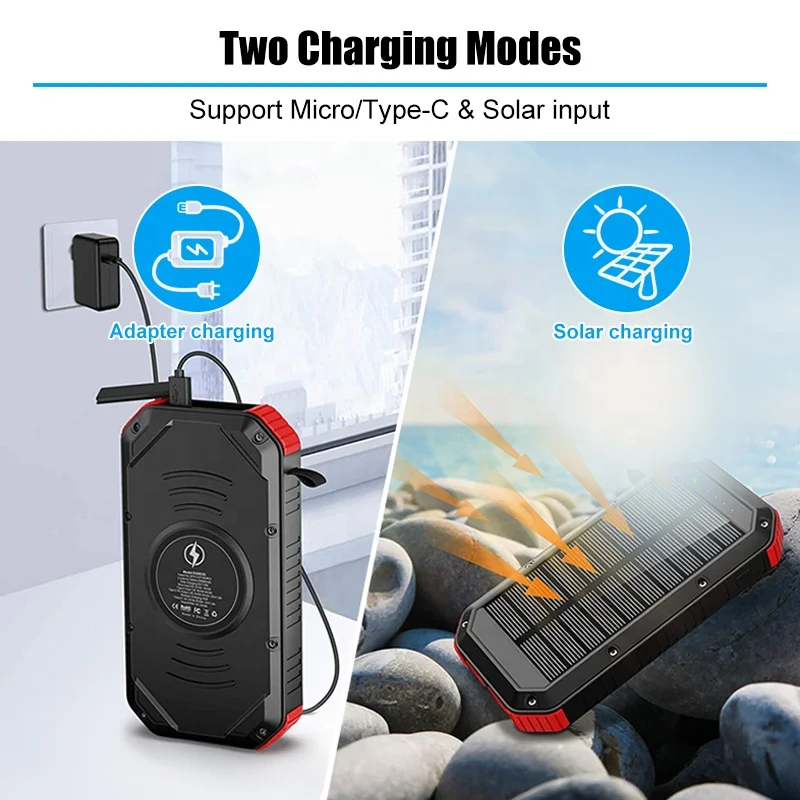 New 30000mah Solar Power Bank Waterproof Battery Charger 10W Wireless Power Bank with Solar Panel