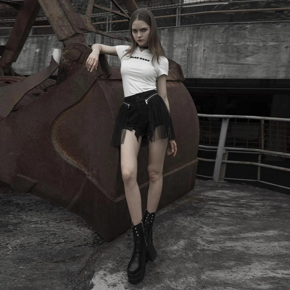 PUNKRAVE OPK-294  Detachable Mesh Denim Shorts Sexy Young Skirt