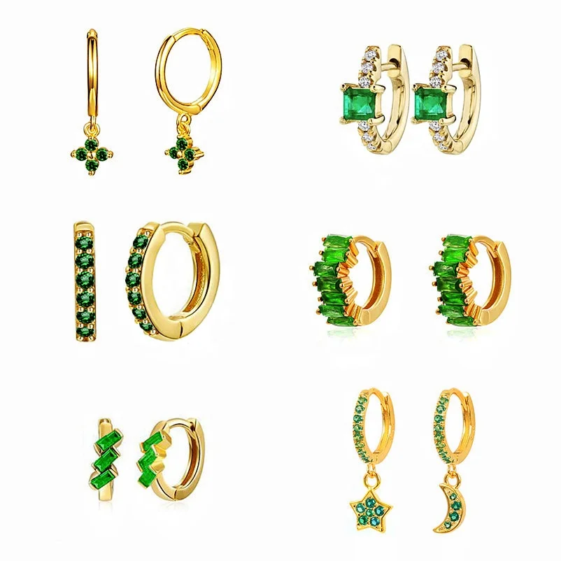YINSAKI 925 Sterling Silver CZ Stud Piercing Earrings Wholesale High Quality Green Zircon Hoop Huggie Earrings 18K Gold Plated