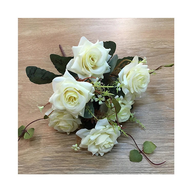 Hot sale cemetery silk felt artificial flowers funeral 7 heads rose bouquet