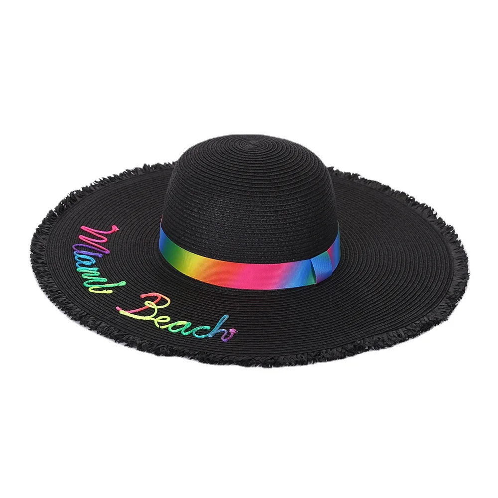 Wholesale Customized Embroidery Multi Color Summer Large Brim with tassel Women Beach Hat Fashion Ladies Floppy Paper Straw Hat
