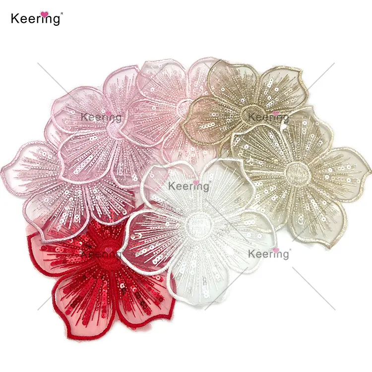 WTP-1534 Keering New Arrive Good Price Fabric Flowers Lace Sequins Beaded Embroidered Flower Trimmings For Dresses