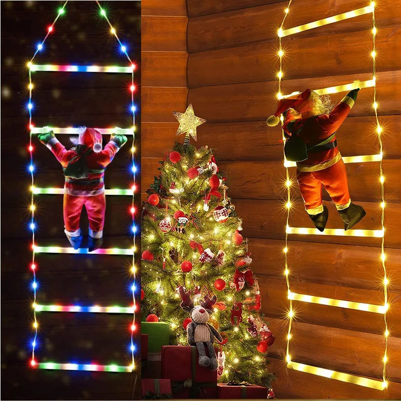 Christmas LED Ladder Lights with Climbing Santa Claus Christmas Decorations Lights for Indoor Outdoor Garden Xmas Tree Decor