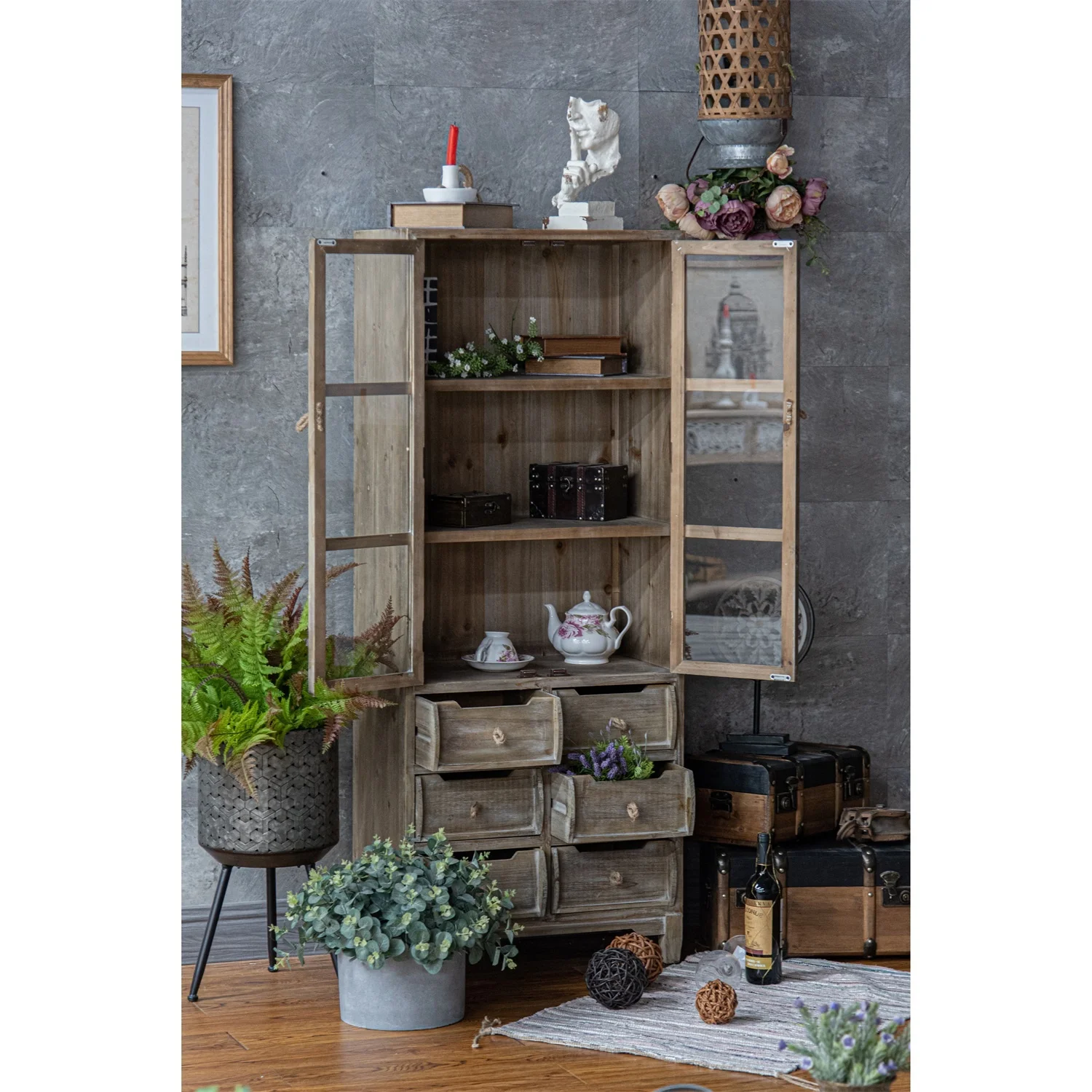 Деревенский американский деревенский стиль, античный деревянный высокий шкаф, деревянная мебель, декоративные шкафы для хранения с дверями и ящиками