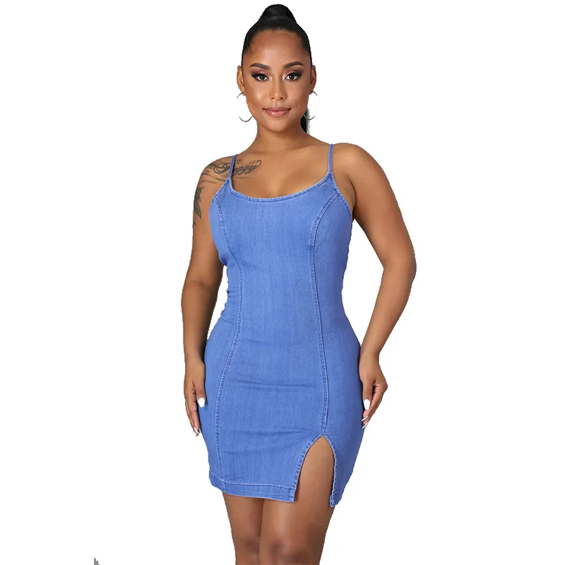 W4023 Solid Color Spaghetti Straps Fitted Sleeveless Dresses Wholesale Trending Dresses Jean Dresses Denim Women