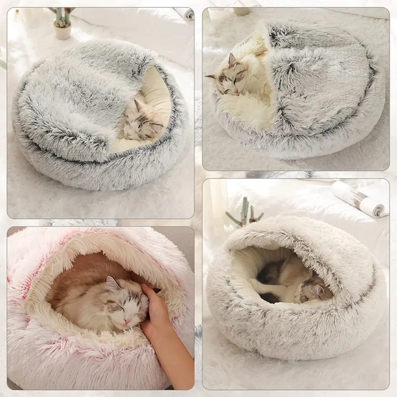 Cat Bed Round Plush Fluffy Hooded Cat Bed Cave Pet Beds