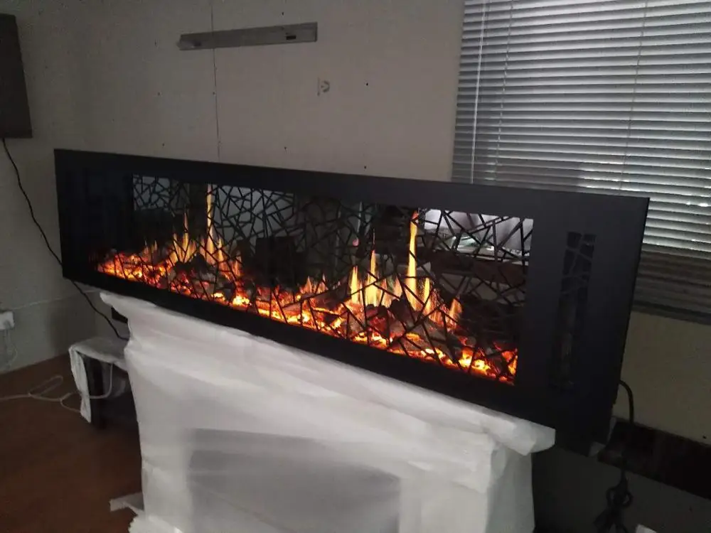 64 inch Amazing decorative video flame artificial crackling sound black caved panel wall inserted electric fireplace with heat
