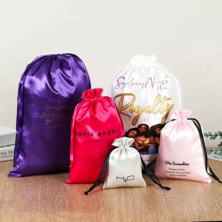 Wholesale Large Drawstring Black Lingerie Satin Bag With Custom Logo