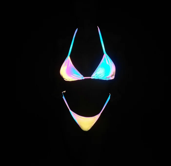 Noctilucent Women Banded Halter Triangle Top Brazilian Swimwear Two Pieces Sexy Thong Beach Night Colorful Reflective Bikini