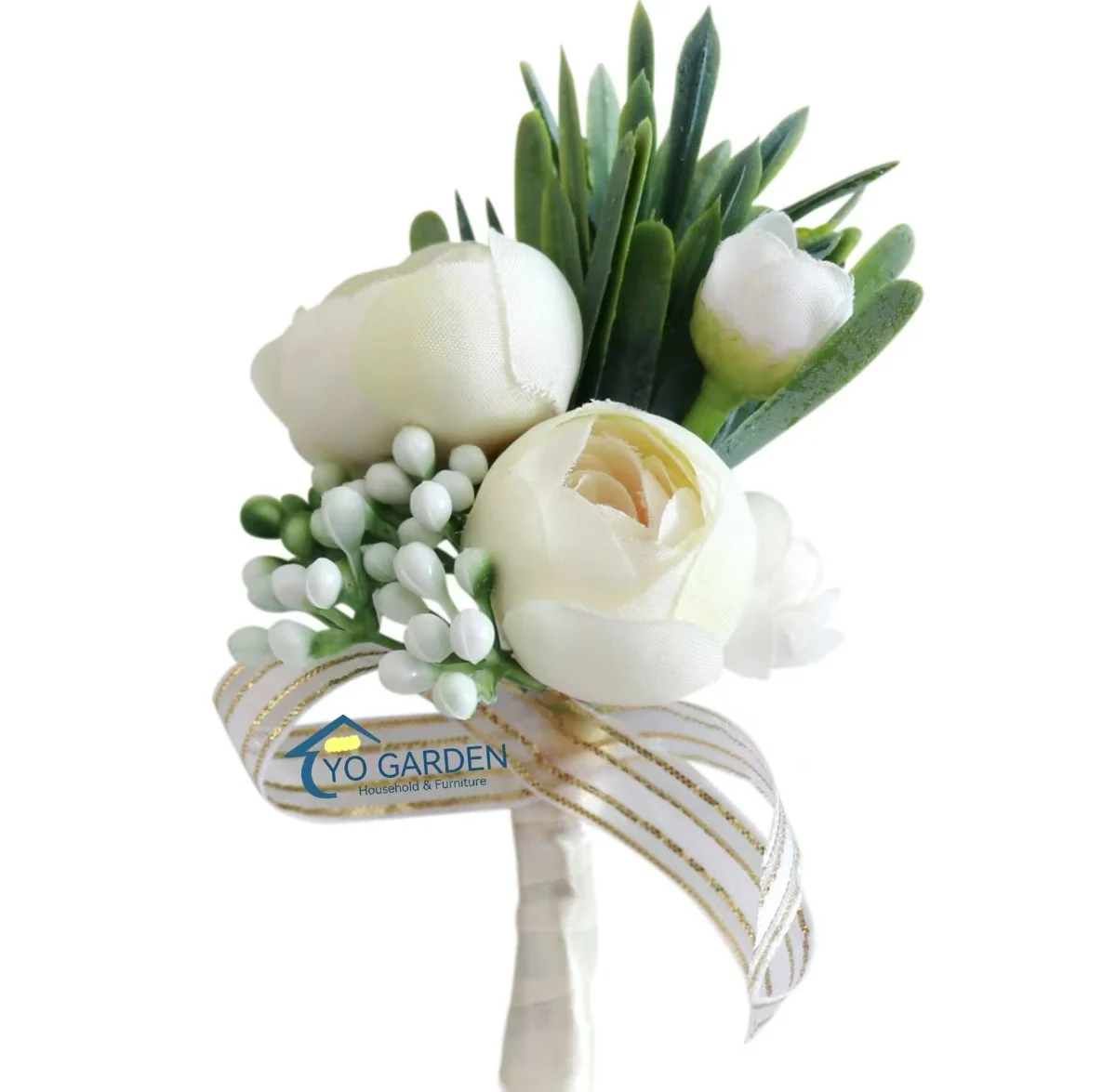 Men Corsage Flower 2 Heads Artificial White Rose Groom Chest Boutonniere For Home Wedding Engagement Decorative Graduation