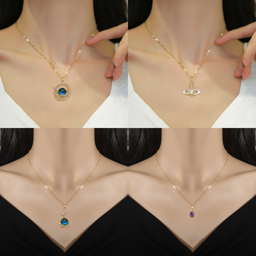 New Fashion Galaxy Planet Zircon Necklace Women Butterfly Gold Plated Stainless Steel Necklace