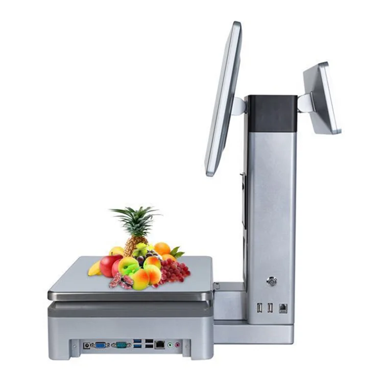 ai All-in-one pos dual touch screen scale 15kg 30kgs electronic weighting scale with built-in thermal printer for supermarket