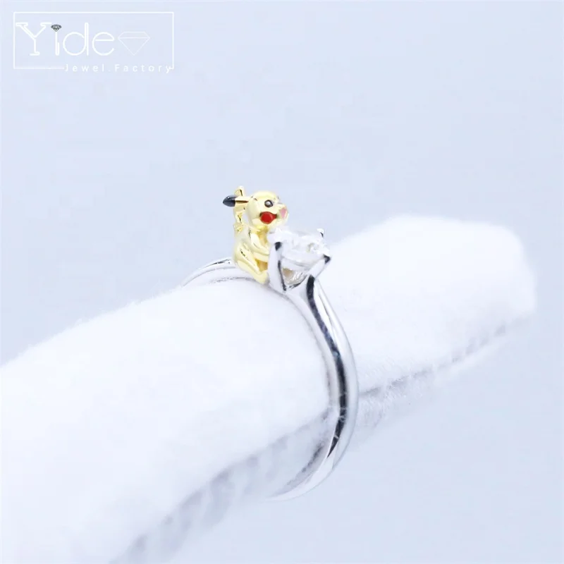 High quality large stone silver ring custom made logo design enamel pikachu wedding ring wholesale