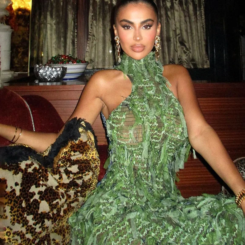 new sexy party dresses high neck sleeveless tassel maxi standard slimming long dress