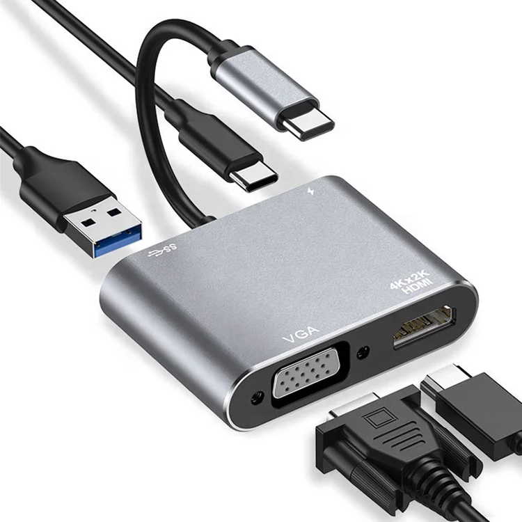 USB C HUB 4 in 1 aluminum material faster data transfer USB C to Type-C+HDTV+VGA+USB 3.0 adapter 4 pots adapt