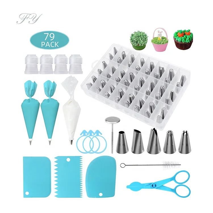 Amazon Hot Selling Baking Cake Decorating Tool Cake Piping 79 Piece Set Stainless Steel Cake Nozzle Converter Piping Bag