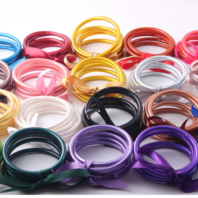 Factory wholesale bowknot glitter plastic jelly silicone bangle fashion colorful five layer woman jelly bangles