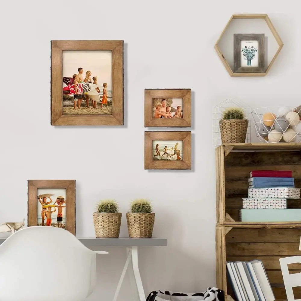 8x10 Picture Frames with Bark Edges, Rustic Wood Photo Frame for Tabletop or Wall Display, Natural Brown.