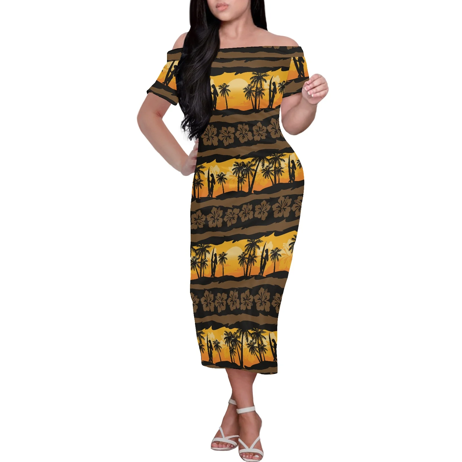 Custom LOGO Hot Selling Elegant Dresses Hawaiian Style Brown Hibiscus Leaf Printed Oversized Short Sleeve ladies dresses