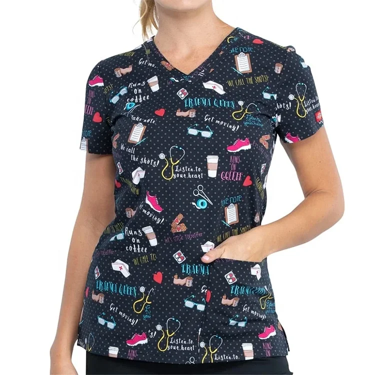 hospital uniform medical/ dental workwear female stretch scrubs top printed / solid