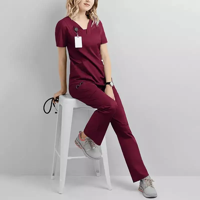 Designer scrubs anti-winkle scrub uniform sets in burgundy nursing scrubs jogger set for doctor medical