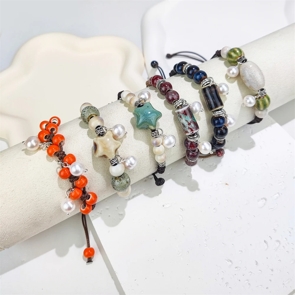 Hot selling 2024 new designs hand crafts DIY ceramics bead natural freshwater pearl charm resizable bracelets for women jewelry