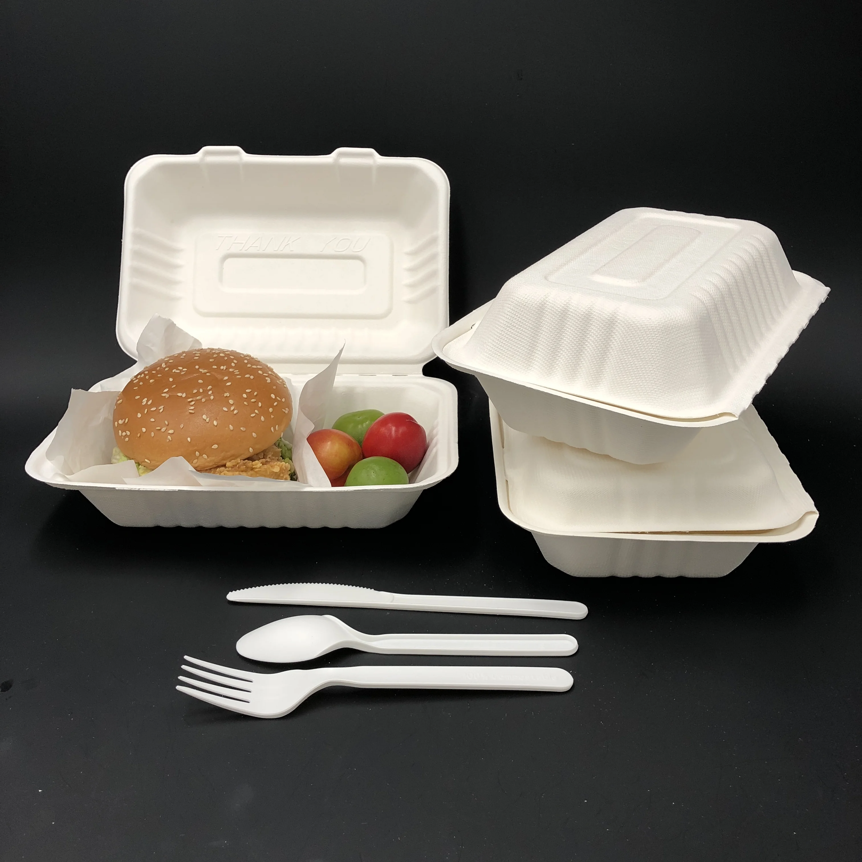 sugarcane bagasse compostable tableware takeout hinged clamshell food box biodegradable disposable luxury dinnerware sets