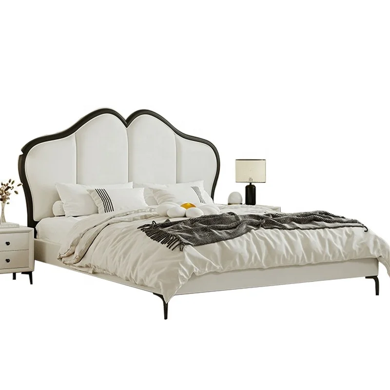 American Luxury Style Bedroom King Size Bed European Style High Quality Solid Wood Double Bed Soft Headboard Leather Bed