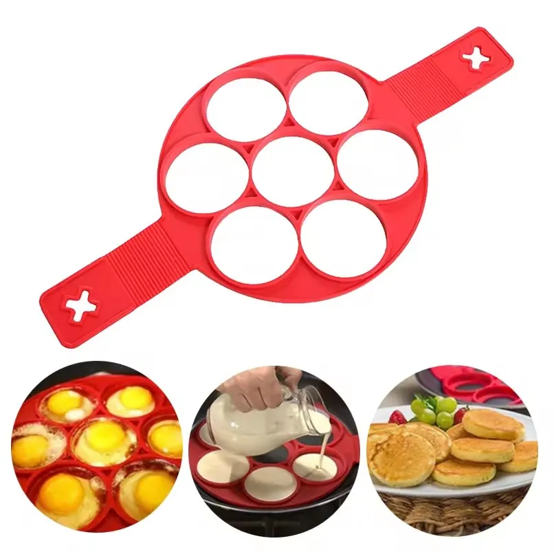 Food Grade Red Round Shape Breakfast Sandwiches Egg 7 Grids Mold Silicone Pancake Maker