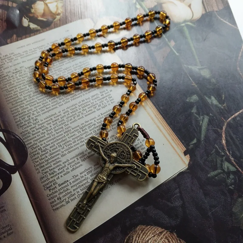 Wholesale Tea Colored Glass Bead Cross Pendant Necklace Multiple Prayer Bead Necklaces For Men And Women