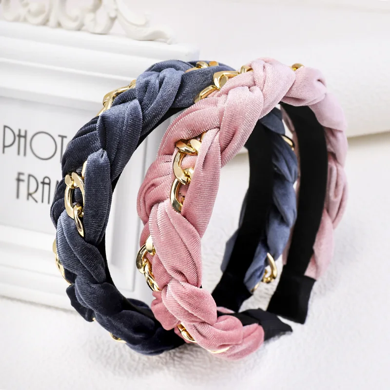 Autumn Winter Twist Braid Hair Band Wide Brimmed Golden Velvet Metal Chain Headband