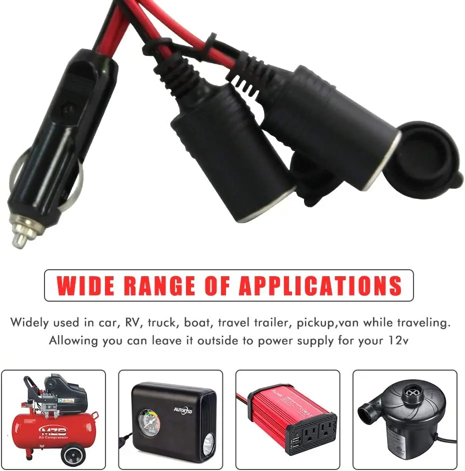 2 Way Cigarette Lighter Extension Cord 1 to 2 Sockets Car Cigarette Lighter Splitter Power Adapter Male Plug to Female Socket