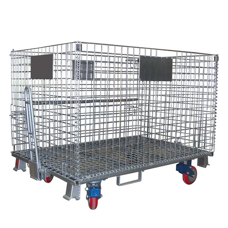 Kingsun folding  WIRE MESH STORAGE BASKET stackable zinc rolling metal industrial storage wire frame cage containers pallet
