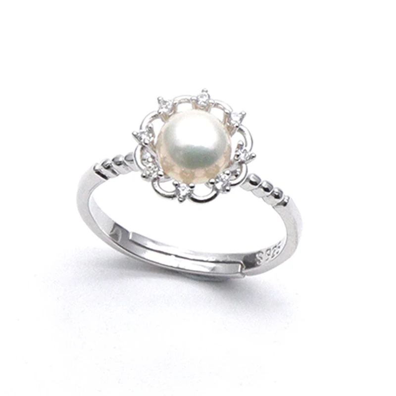 Fashion Jewelry Elegant Round Pearl flower design Ring for Girls 925 sterling silver Zircon ring for brides wedding ring