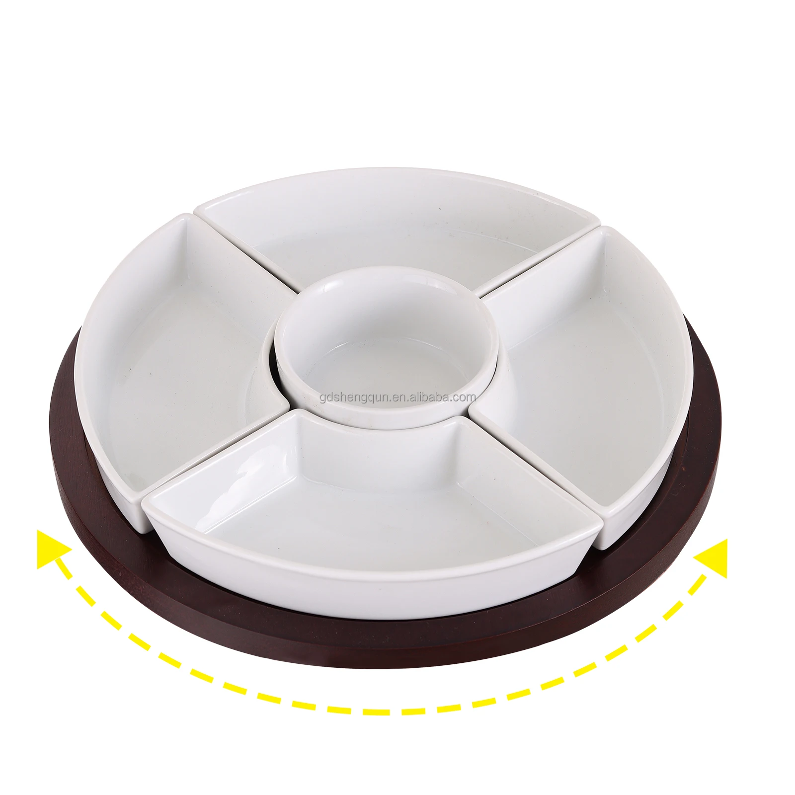 High Quality Kitchen Snack Serving Platter White White Ceramic Fruit Snack Tray Divided Dishes with Rotary Wooden Tray