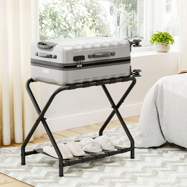 Wholesale Folding Luggage Rack Suitcase Stand with Fabric Storage Shelf Double Tiers Metal Luggage Holder  for Guest Room