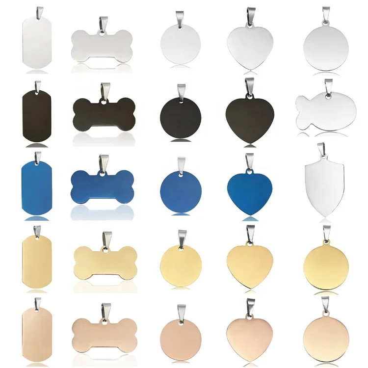 Classic stainless steel pet tag collection round square claw bone heart shield cat head hexagon pentagon fish blank engraved tag